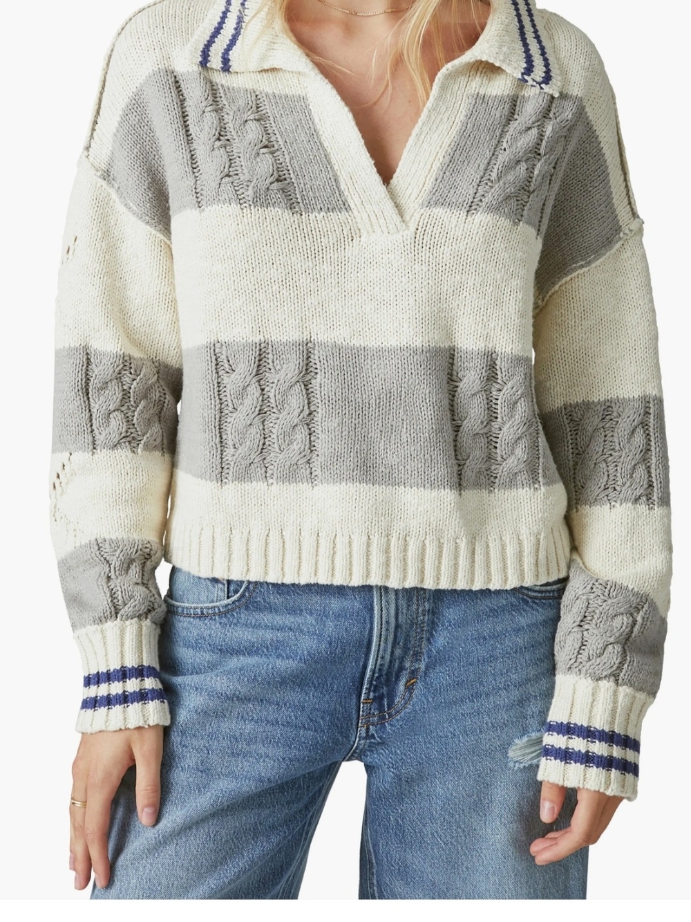 Striped Cable-Knit V-Neck Sweater - Cream & Light Gray